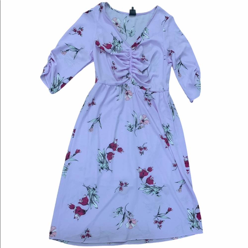 Bobeau Purple Floral Ruched Midi Dress Large